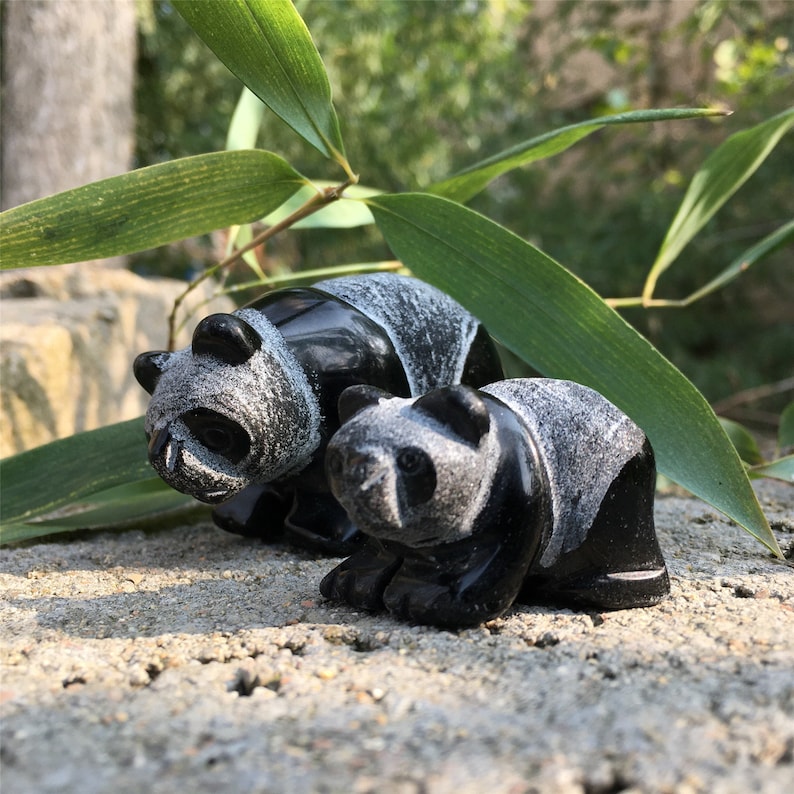 2PCS Natural Obsidian Panda,Quartz Panda,Crystal Animals,Crystal Carving,Home Decoration,Mineral Specimen,Crystal Heal,Crystal Gifts 140g+