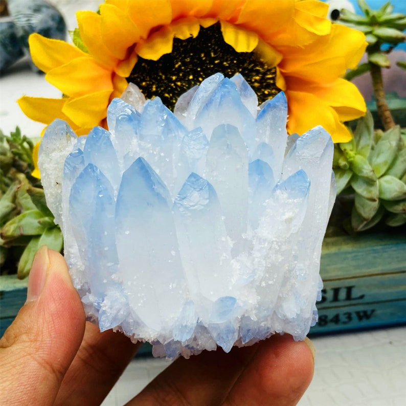 280g+Blue Quartz Titanium Cluster,Quartz Crystal Cluster,Quartz Crystal Wand Point,Home Decoration,Crystal Collection,Reiki Healing Gifts