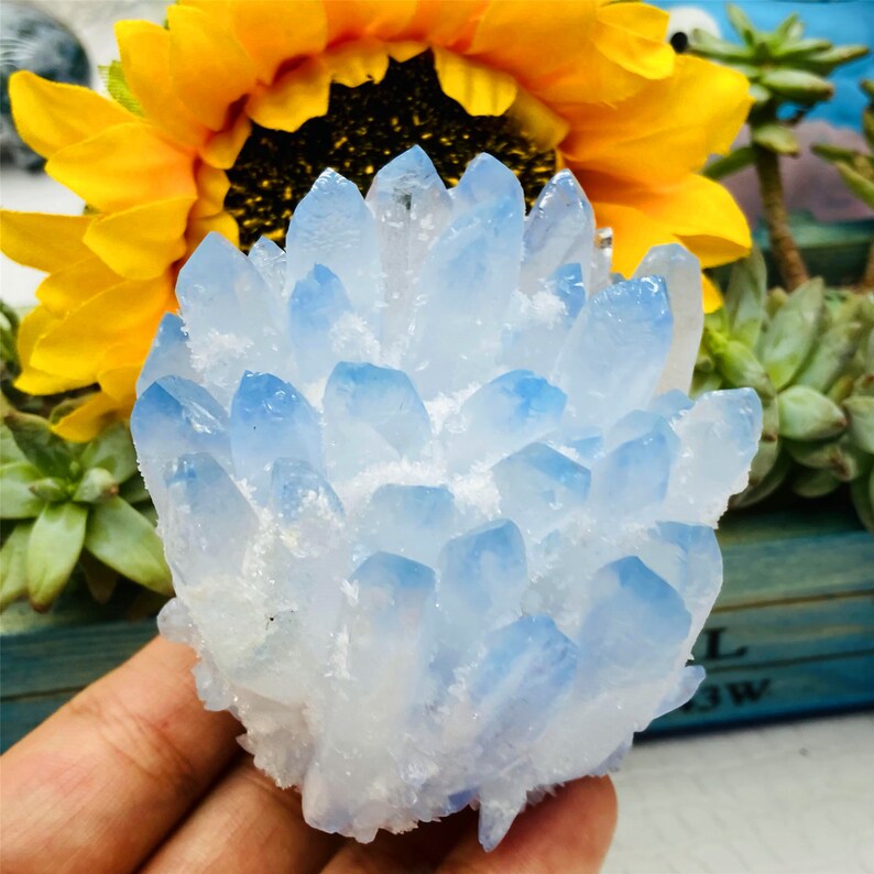 280g+Blue Quartz Titanium Cluster,Quartz Crystal Cluster,Quartz Crystal Wand Point,Home Decoration,Crystal Collection,Reiki Healing Gifts