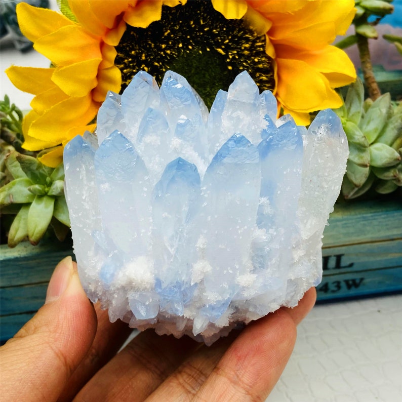 280g+Blue Quartz Titanium Cluster,Quartz Crystal Cluster,Quartz Crystal Wand Point,Home Decoration,Crystal Collection,Reiki Healing Gifts