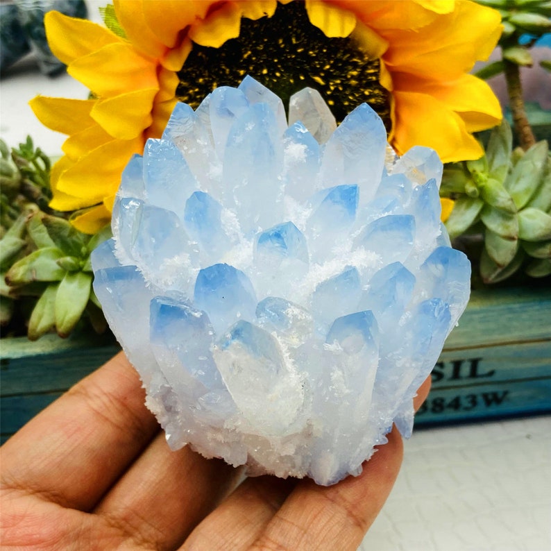 280g+Blue Quartz Titanium Cluster,Quartz Crystal Cluster,Quartz Crystal Wand Point,Home Decoration,Crystal Collection,Reiki Healing Gifts