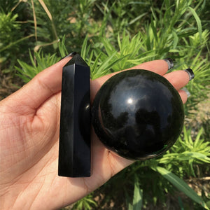 A Set Of 50mm Natural Obsidian Crystal Ball + 70g Obsidian Crystal Obelisk,Crystal Sphere,Rock,Crystal Ball,Crystal Tower,Crystal Healing