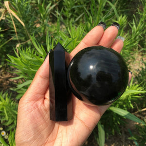A Set Of 50mm Natural Obsidian Crystal Ball + 70g Obsidian Crystal Obelisk,Crystal Sphere,Rock,Crystal Ball,Crystal Tower,Crystal Healing