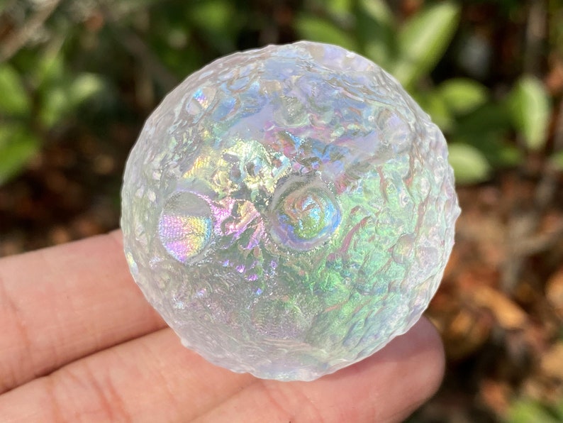 40mm Titanium Rainbow Melting Stone Carved moon，Crystal Carved moon，Melting Stone moon，Reiki Healing Sphere，Home Decor，Crystal Gifts 1PC