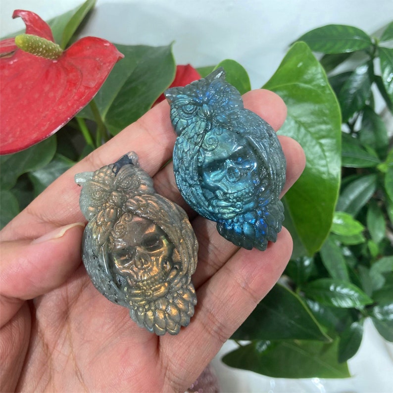 Natural Hand Labradorite Owl Skull Carved,Quartz Owl Carved Skull,Mineral Specimen,Crystal Gifts,Home Decoration,Crystal Reiki Healing