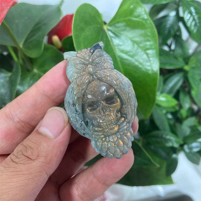 Natural Hand Labradorite Owl Skull Carved,Quartz Owl Carved Skull,Mineral Specimen,Crystal Gifts,Home Decoration,Crystal Reiki Healing