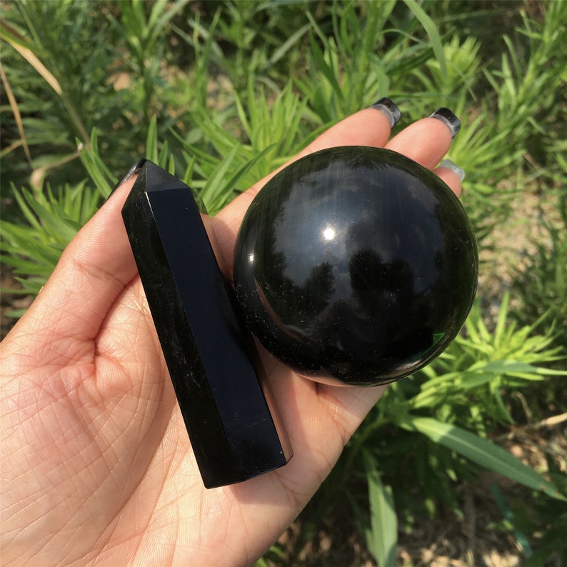 A Set Of 50mm Natural Obsidian Crystal Ball + 70g Obsidian Crystal Obelisk,Crystal Sphere,Rock,Crystal Ball,Crystal Tower,Crystal Healing