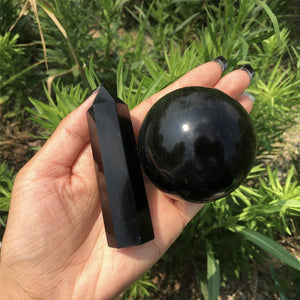 A Set Of 50mm Natural Obsidian Crystal Ball + 70g Obsidian Crystal Obelisk,Crystal Sphere,Rock,Crystal Ball,Crystal Tower,Crystal Healing