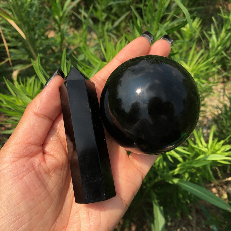 A Set Of 50mm Natural Obsidian Crystal Ball + 70g Obsidian Crystal Obelisk,Crystal Sphere,Rock,Crystal Ball,Crystal Tower,Crystal Healing