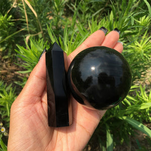 A Set Of 50mm Natural Obsidian Crystal Ball + 70g Obsidian Crystal Obelisk,Crystal Sphere,Rock,Crystal Ball,Crystal Tower,Crystal Healing