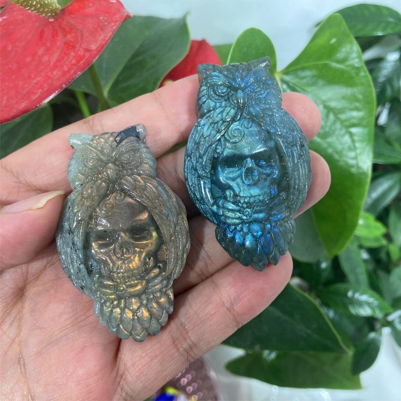 Natural Hand Labradorite Owl Skull Carved,Quartz Owl Carved Skull,Mineral Specimen,Crystal Gifts,Home Decoration,Crystal Reiki Healing