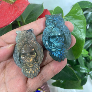 Natural Hand Labradorite Owl Skull Carved,Quartz Owl Carved Skull,Mineral Specimen,Crystal Gifts,Home Decoration,Crystal Reiki Healing