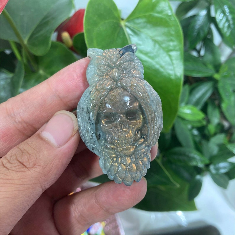 Natural Hand Labradorite Owl Skull Carved,Quartz Owl Carved Skull,Mineral Specimen,Crystal Gifts,Home Decoration,Crystal Reiki Healing