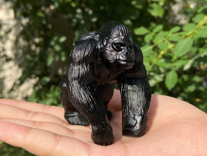 2.6'' Hand carved Natural Obsidian Gorilla，quartz crystal，Crystal Kong Kim，Halloween gift，Crystal decor，Crystal ornament，Crystal healing