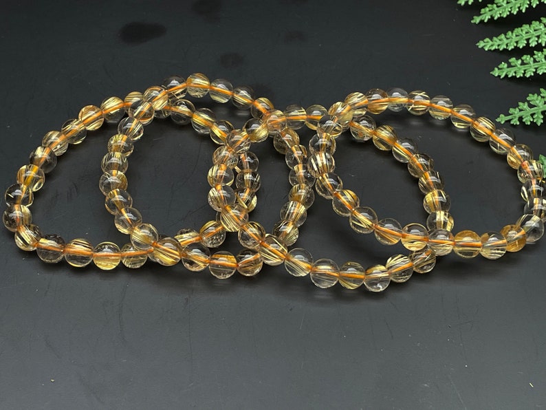 Gold Rutilated Crystal Bracelet, Round Beads, Beaded Bracelet, Handmade Jewelry, Healing Crystals and Stones E086613