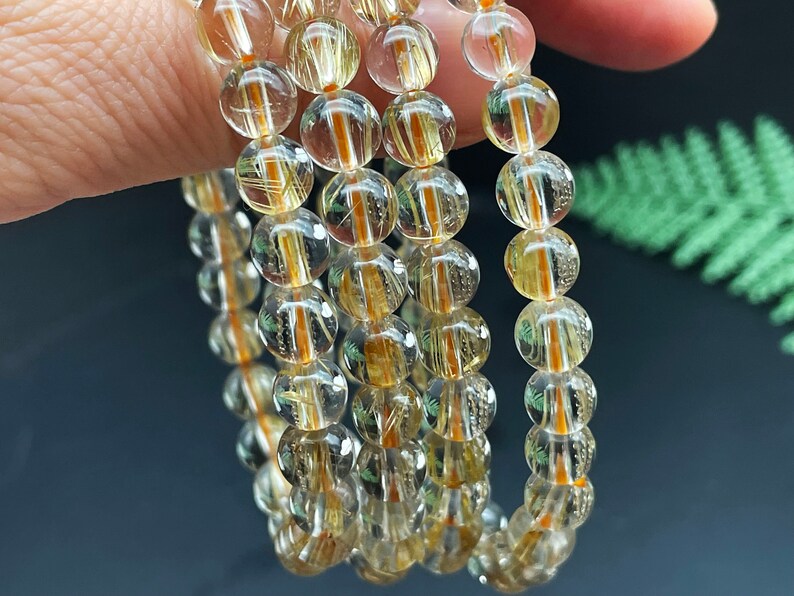 Gold Rutilated Crystal Bracelet, Round Beads, Beaded Bracelet, Handmade Jewelry, Healing Crystals and Stones E086613