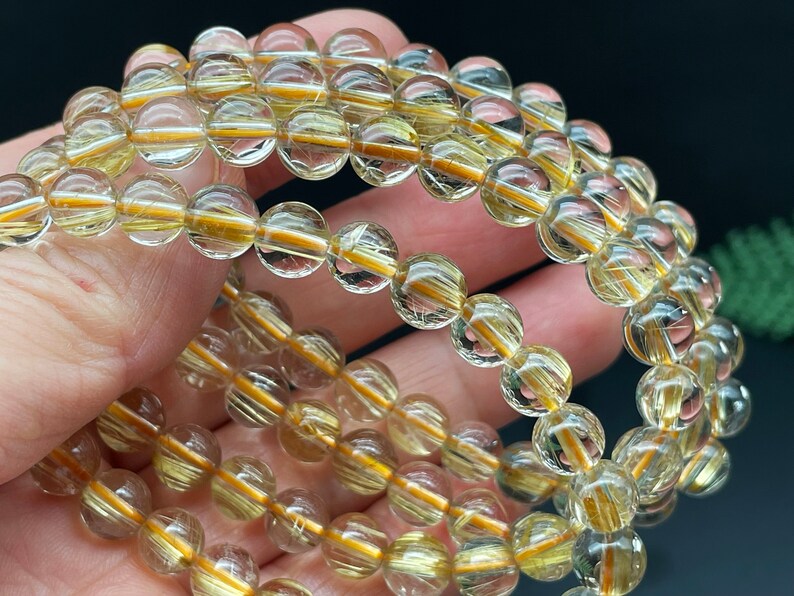 Gold Rutilated Crystal Bracelet, Round Beads, Beaded Bracelet, Handmade Jewelry, Healing Crystals and Stones E086613