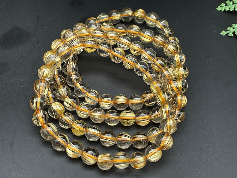 Gold Rutilated Crystal Bracelet, Round Beads, Beaded Bracelet, Handmade Jewelry, Healing Crystals and Stones E086613