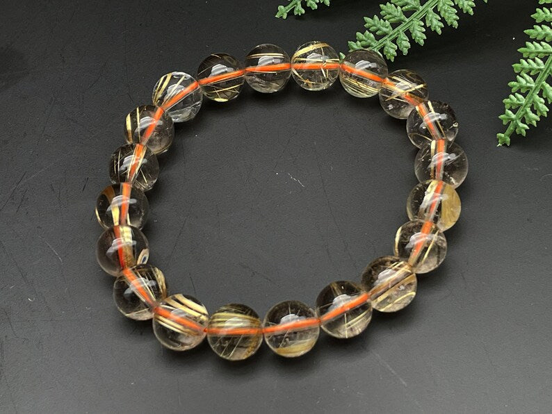 Gold Rutilated Crystal Bracelet, Round Beads, Beaded Bracelet, Handmade Jewelry, Healing Crystals and Stones E086616