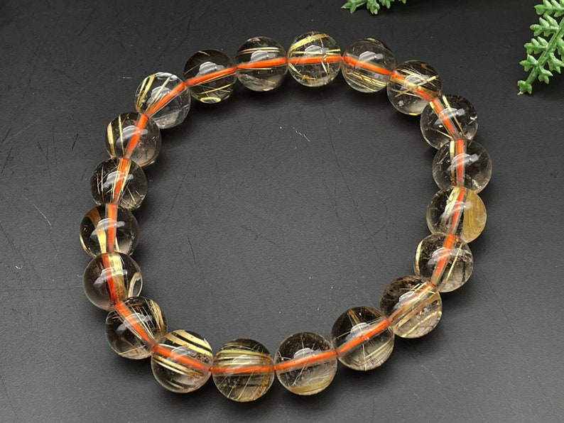Gold Rutilated Crystal Bracelet, Round Beads, Beaded Bracelet, Handmade Jewelry, Healing Crystals and Stones E086616