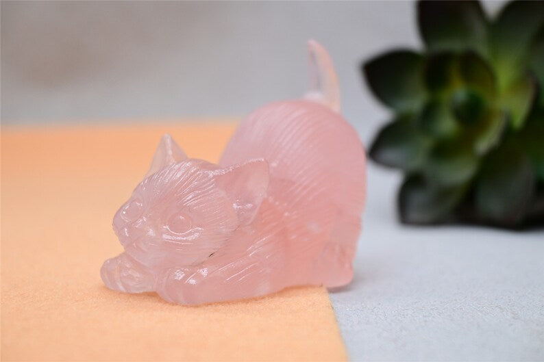 2.2''Natural Hand-carved Rose quartz cat，Quartz crystal，Crystal decor，Crystal cat，Crystal gift，Crystal ornament，Chakra Reiki healing 1PC