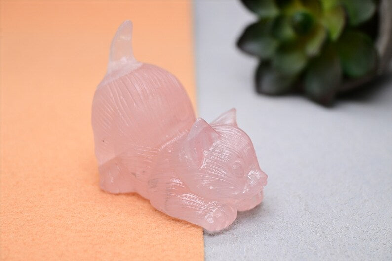 2.2''Natural Hand-carved Rose quartz cat，Quartz crystal，Crystal decor，Crystal cat，Crystal gift，Crystal ornament，Chakra Reiki healing 1PC