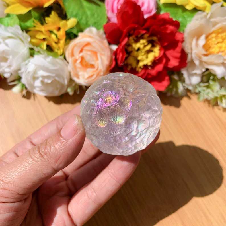 1pc polished angel aura rainbow smelting quartz full moon aura sphere ball home decor reiki healing chakra energy crystal ball free stand