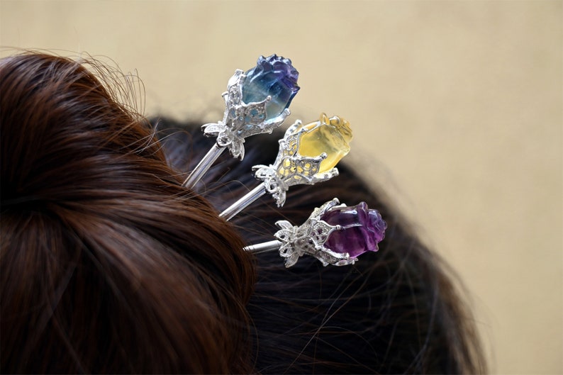 6" Natural Silver Fluorite Rose hairpin，Quartz Crystal, Crystal hairpin/Crystal ornament/ Crystal Figurine//Crystal ornament 1PC