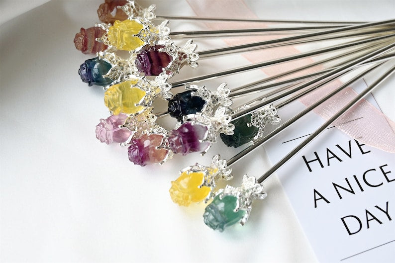 6" Natural Silver Fluorite Rose hairpin，Quartz Crystal, Crystal hairpin/Crystal ornament/ Crystal Figurine//Crystal ornament 1PC