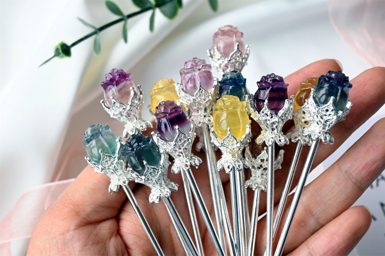 6" Natural Silver Fluorite Rose hairpin，Quartz Crystal, Crystal hairpin/Crystal ornament/ Crystal Figurine//Crystal ornament 1PC