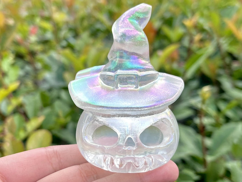 3" Natural Hand Carve Plating color Melting Stone Pumpkin Lamp，Quartz Carving，Crystal Pumpkin Lamp Skull，Crystal Healing，Crystal Gift,