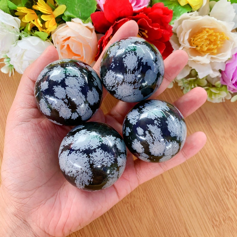 3.5 cm+ Snowflake Obsidian Spheres, Crystal Polished Balls Reiki Healing Meditation Chakra Room Decor Hand Made Massage Home Decoration Gift