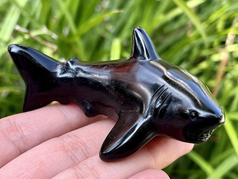 3.2" Natural Obsidian Carved Shark，Quartz Crystal Skull,Shark Carving,Home Decor,Reiki Healing,Crystal Shark,Crystal Gifts 1PC