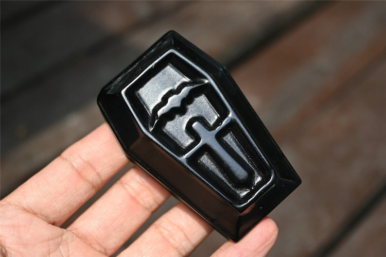 2.4'' Hand carved Obsidian Coffin，Crystal Coffin，Quartz Crystal，Crystal ornament，Crystal Healing，Halloween gift,Coffin carved 1PC