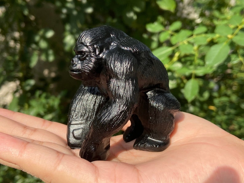 2.6'' Hand carved Natural Obsidian Gorilla，quartz crystal，Crystal Kong Kim，Halloween gift，Crystal decor，Crystal ornament，Crystal healing