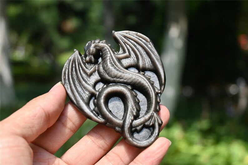 3'' Natural Hand carved Silver Obsidian Dragon，Crystal dragon，Quartz Crystal，Halloween gift，Crystal ornament，Crystal Healing