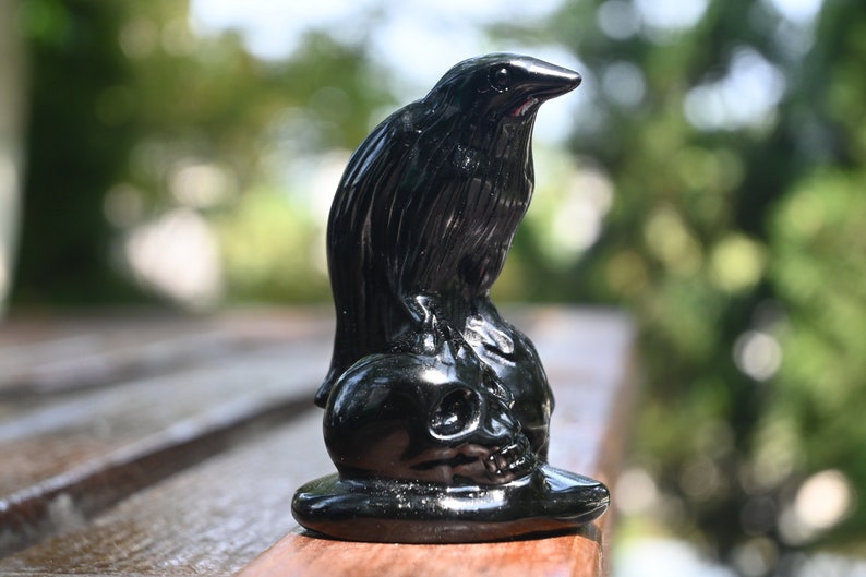 3.1'' Natural Carved Obsidian crow skull，Crystal crow, quartz crystal，Crystal gift，Halloween present，Crystal ornament，Chakra reiki healing