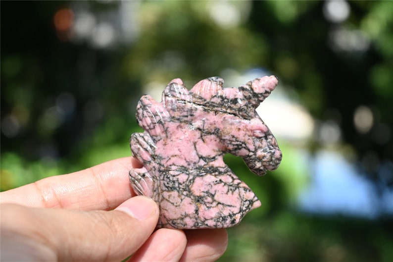 2" Natural Carved Rhodonite Unicorn，Crystal unicorn，Carved unicorn，Carved unicorn，Rhodonite skull，Quartz Crystal，crystal skull healing 1PC