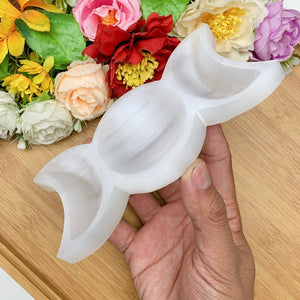 Selenite Crystal Carved Bowl - Moon Goddess Triple Moon Design,Smudge Bowl for Reiki Healing, Chakra Energy, Home Decor & Spiritual Gift