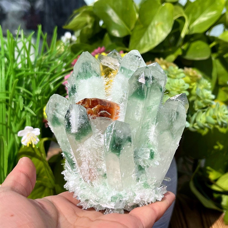 Green Ghost Quartz Crystal Cluster,Crystal Point,Quartz Vug,Mineral Specimen,Home Decoration,Crystal Reiki,Crystal Chakra,Crystal Gifts.