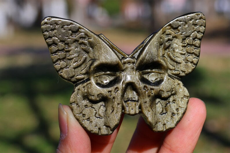 2.5" Natural Gold Obsidian Carved Butterfly Skull,Crystal Butterfly Skull Carving,Gold Obsidian Skull ,Healing，Crystal Decor,Crystal Gifts