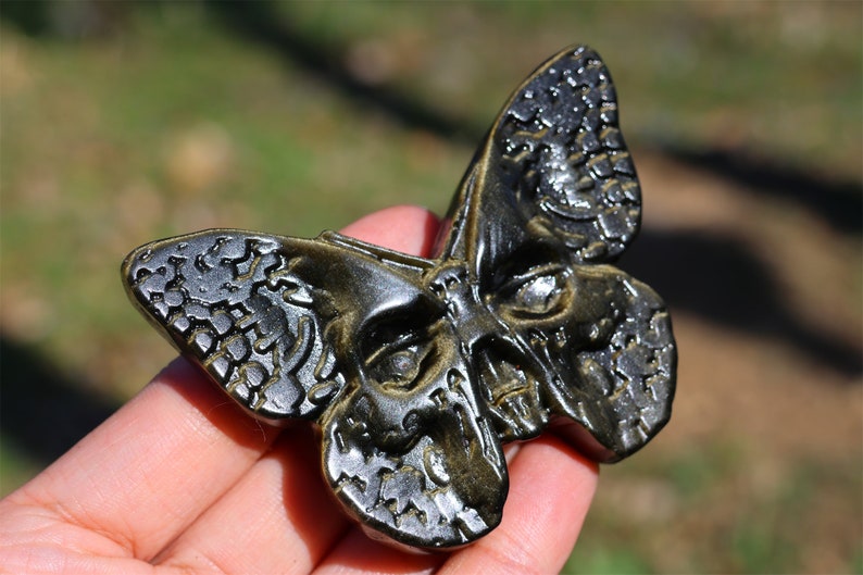 2.5" Natural Gold Obsidian Carved Butterfly Skull,Crystal Butterfly Skull Carving,Gold Obsidian Skull ,Healing，Crystal Decor,Crystal Gifts
