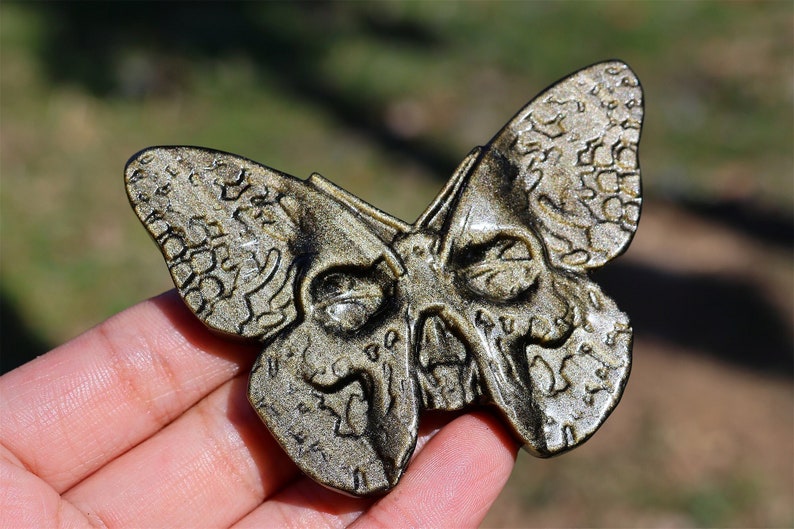 2.5" Natural Gold Obsidian Carved Butterfly Skull,Crystal Butterfly Skull Carving,Gold Obsidian Skull ,Healing，Crystal Decor,Crystal Gifts