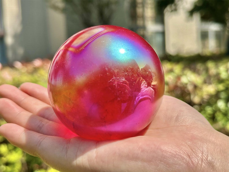 6CM+ Natural Electroplate (Red）Clear Quartz Carved Sphere,Quartz Crystal Ball,Electroplate Ball,Home Decor,Crystal Healing Divination ball