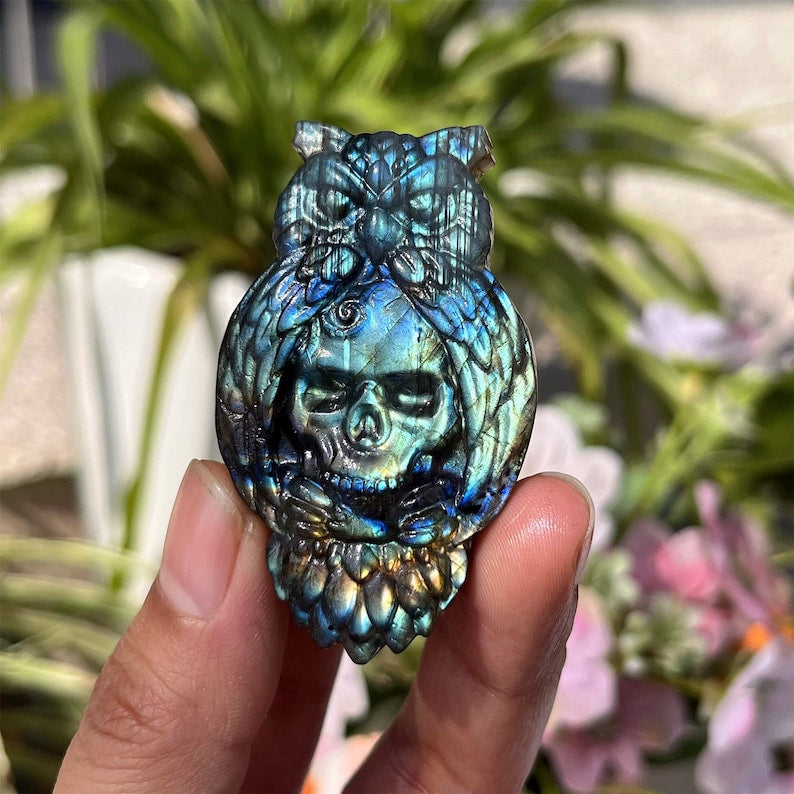 2.1'' Natural Labradorite Owl Skull, Crystal Owl, Skull, Crystal Sculpture, Home Decoration, Reiki Healing, Mineral Specimen, Crystal Gifts