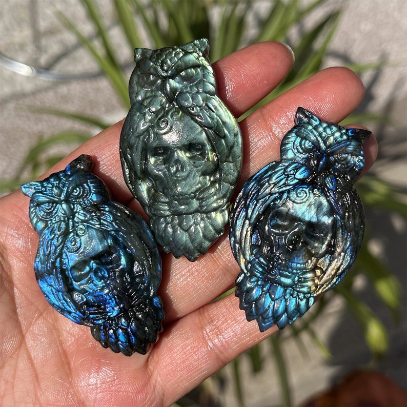2.1'' Natural Labradorite Owl Skull, Crystal Owl, Skull, Crystal Sculpture, Home Decoration, Reiki Healing, Mineral Specimen, Crystal Gifts