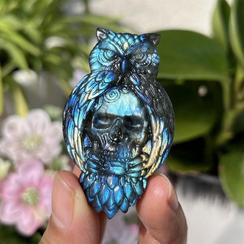 2.1'' Natural Labradorite Owl Skull, Crystal Owl, Skull, Crystal Sculpture, Home Decoration, Reiki Healing, Mineral Specimen, Crystal Gifts