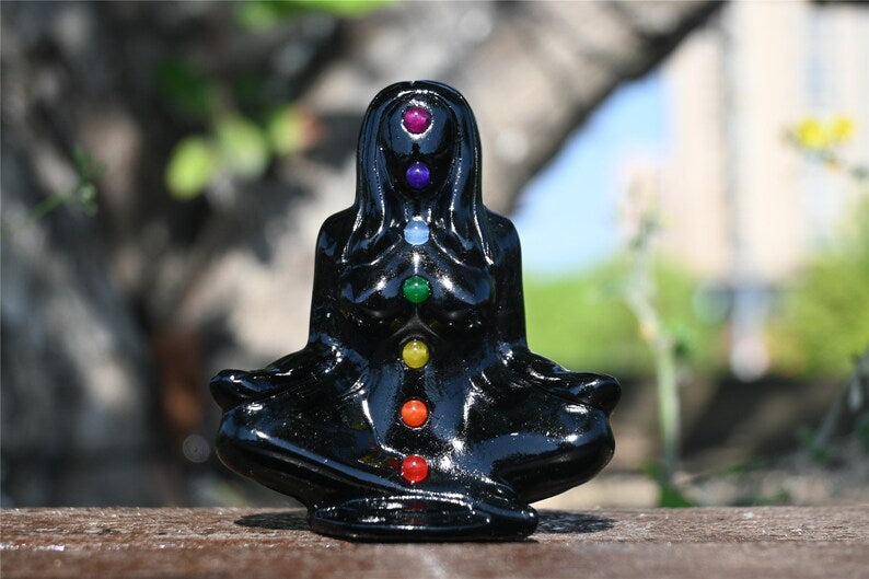 3.4'' Natural carved Obsidian Chakela Beauty goddess，Crystal woman，Crystal goddess，Yoga Goddess，Crystal gift，Crystal Healing 1PC