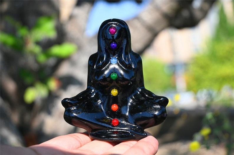 3.4'' Natural carved Obsidian Chakela Beauty goddess，Crystal woman，Crystal goddess，Yoga Goddess，Crystal gift，Crystal Healing 1PC