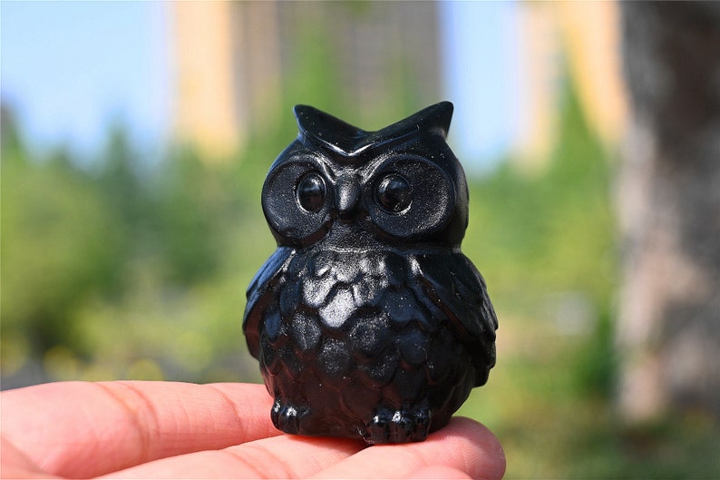 2'' Natural carved Obsidian Owl，Crystal character，Crystal owl，Owl skull，Quartz Crystal，Crystal ornament，Crystal Healing 1PC